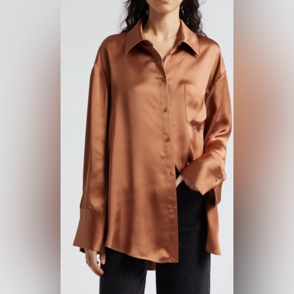 Alice + Olivia Finley Utility Oversized Copper Satin Blouse NWT